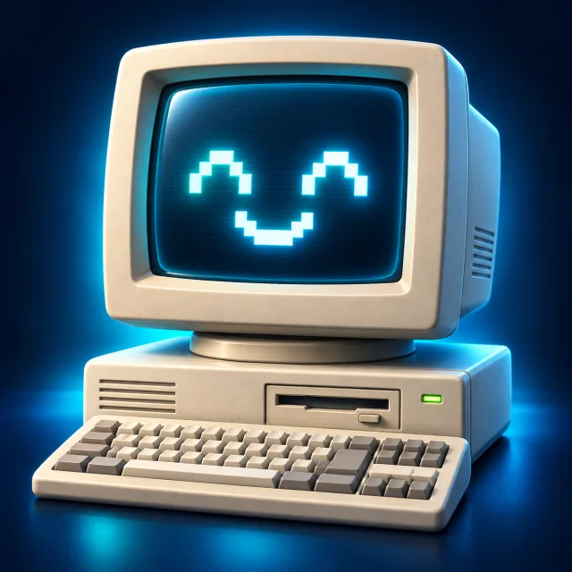 A friendly retro desktop PC with a glowing pixel smile